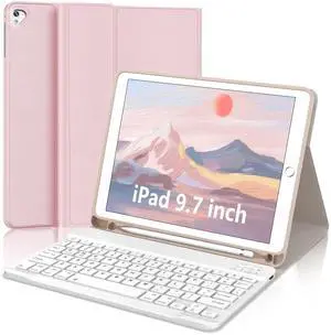 for iPad Keyboard case 9.7 inch, iPad 6th Gen (2018), 5th Gen (2017), iPad Air 2 (2014), Air 1, iPad Pro (2016), Detachable Bluetooth Wireless Keyboard Folio Slim & Light Cover, Rechargeable, (Pink)