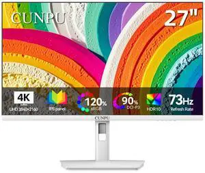 CUNPU 27 Inch 4K White Monitor, 73Hz Refresh Rate, UHD (3840 * 2160) IPS Ultra-Slim Bezel Monitor for Photo Video Editing, E-Book Mode, E < 2, 100% DCI-P3, 1.07B+ Colors, DP/HDMI