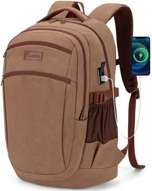 Tzowla Vintage Canvas Laptop Backpack for Men and Women,College Travel Work Rucksack with USB/Type-C Charging Port,Lightweight Bookbag Hiking Casual Daypack Backpacks Fit 15.6 Inch Notebook(Brown)