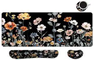 MIBITRI Keyboard Mouse Pad Set, Extended Gaming Mouse Pad+Ergonomics Keyboard Wrist Rest Support, Memory Foam, Easy Typing Pain Relief, 4Pcs XXL Ultra Thick Desk Mat, Flower Black