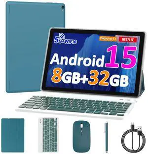 10 inch Android 15 Tablet, 8GB RAM 32GB ROM Powerful Quad-core CPU, 1280*800 Resolution Screen Tablet PC, 8MP Camera, 6000mAh Battery Computer, 2 in 1 Tablets with Keyboard, Case, Mouse, Stylus Laptop