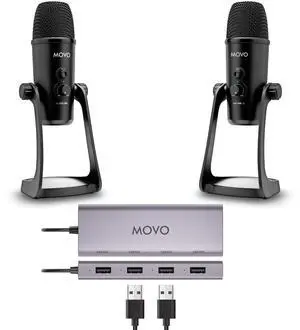 Movo USB Podcast Equipment Bundle for 2  USB Interface with 2 UM700 Condenser Microphones  4-Port Powered Hub for Streaming, Podcasting, Interviews (with 2 Microphones)
