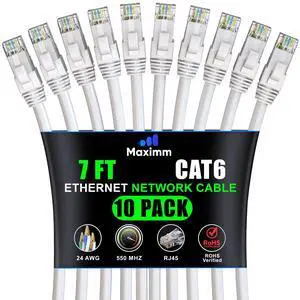 Maximm Cat 6 Ethernet Cable 7 ft (10-Pack) - High-Speed LAN Cable, Internet Cable, Patch Cable, and Network Cable - UTP, 10Gbps, 550MHz Ethernet Cord - White