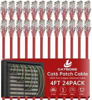 4 Feet Cat6 Patch Cables(24 Pack), Solid Pure Copper Patch Cord, Cat 6 Ethernet Cable, UTP Network, High Speed RJ45 Internet Cables, Compatible for Router, Switche, PC, Server, PS4/5, Xbox - Red