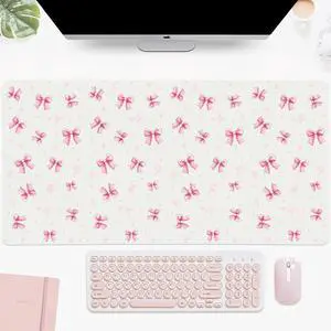 Idocolors Lovely Pink Bow Knot Desk Mat, White Extended Gaming Keyboard Mouse Pad, Large Cute Kawaii Women Office Desk Cover Mat Protector 31.5"x15.7"