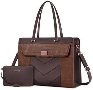 MOSISO Laptop Tote Bag for Women, 15.6 inch PU Leather Large Capacity Handbag & Clutch Purse & Flapover Pocket, Crocodile Grain Waterproof Computer Bag Work Briefcase for Business Office, Brown