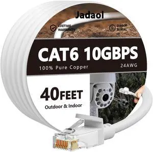 Jadaol Cat 6 Ethernet Cable 40ft, Outdoor&Indoor, 10Gbps Support Cat8/7 Network, 24AWG Pure Copper Patch LAN Cord, Direct Burial Waterproof In-Ground UV Resistant for Router, Modem, Switch, POE, White