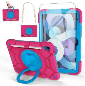 EayCoul case for iPad (A16) 11th Generation 11 Inch (2025)iPad 10th Generation 10.9 Inch(2022),with[Tempered Glass Screen Protector] [Pencil Holder] 360° Rotating Handle Stand(Hot Pink+Blue)