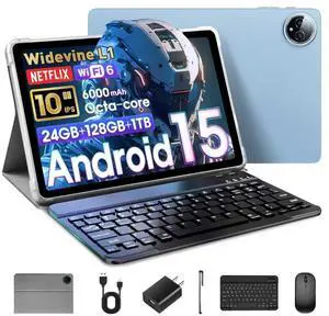 Android 15 Tablet 10 Inch, 24GB RAM+128GB ROM/1TB Expandable, 1.8GHz Octa-core CPU, 1280x800 IPS HD Display, WiFi 6, BT 5.4, 5+8MP Camera, 2 in 1 Tablets with Keyboard Case Mouse Stylus