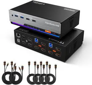 TESmart HDMI KVM Switch 3 Monitors 2 Computers 4K@60Hz, USB 3.0 KVM Switch Triple Monitor 2 Ports HDMI, Support EDID, 1G Ethernet, Hotkey Switch, Audio&Microphone for Gaming & Home Office
