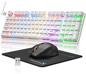 Wireless Mechanical Gaming Keyboard and Mouse Combo, 98 Keys RGB Backlit Rechargeable 2000mAh Battery, 3-Mode BT5.0/2.4G/USB-C (White)
