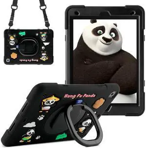 YVYI Case for iPad 9th/8th/7th Generation, iPad 10.2 Inch 2021/2020/2019, Funny Cartoon Silicone 3D Panda Design Kids Case Heavy Duty Protection with Stand/Pencil Holder/Shoulder Strap (Black)
