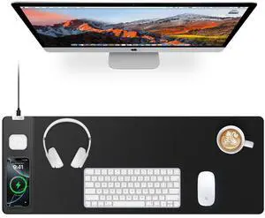 Magnetic Wireless Charging Mouse Pad, 27.5"x11.8" Gaming Desk Mat with Superior Stitched Edges, Non-Slip Base, Waterproof Smooth Desk Writing Pad for Gamer, Office & Home, Black
