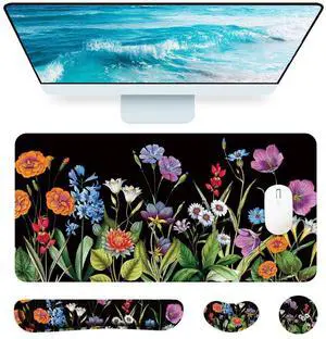 ACRNIGHEET 4 in 1 Large Keyboard Mouse Pad Set, Ergonomic Keyboard Wrist Rest Pad, Wrist Support Mousepad Set, Cup Coaster, Extended Desk Mat for Home Game Women Office Desk Decor Accessories(Floral)