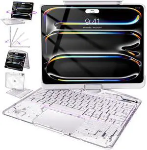 Intermerge Clear Keyboard Case for iPad Pro 11" (M4) 2024 Only, 360° Swivel Multi-Touch Trackpad, 7-Color RGB Backlit, Pencil Holder, Type-C, Power Indicator, Frost Pulse