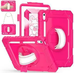 Cantis Case for iPad (A16) 11th Generation 11 inch 2025 for Girls Kids, iPad 10th Generation 10.9 inch 2022 with Screen Protector/Rotating Stand/Shoulder Strap/Pencil Holder, Hot Pink