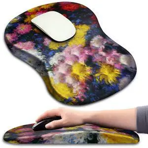 Hokafenle Ergonomic Mouse Pad Wrist Support with Massage Design, Wrist Rest Pain Relief Mousepad with Memory Foam&Non-Slip PU Base, Mouse Pads for Wireless Mouse & Desk(12x8 inch,Monet Chrysanthemum)