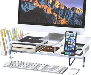 Acrylic Monitor Stand 2 Tier,Rocfinity Clear Laptop Stand for Desk With Pen Holder,20"W for All Keyboards,Acrylic Laptop Riser with Storage,Monitor Stand Riser with Phone Holder,Desk Organizer for Hom