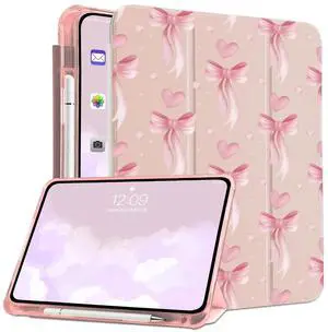 MAYCARIPink Heart Bow Case for Ipad 9Th/8Th/7Th Generation(10.2 Inch) Kawaii Girly Bowknot Cover for Ipad (2021/2020/2019) Girly Lovely Aesthstic Cover with Pencil Holder Silicone Shockproof Case