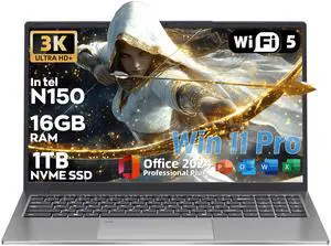 Rumtuk 16" 3K Business and Student Laptop, 1TB NVME SSD 16GB RAM, Win 11 Pro with Office 2024, Intel 4-Core Up to 3.6GHz, Fingerprint, Backlit KB, Webcam, HDMI, USB-C, RJ45, Long Battery Life