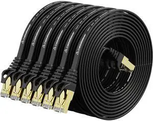 Cat 7 Ethernet Cable 10ft 6 Pack Shielded,Flat Ethernet Patch Cables - High Speed Internet Cable for Modem, Router, LAN, Computer - Compatible with Cat 5e,Cat 6 Network - Black