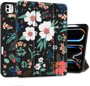 DONGKE Case for iPad Pro 11 inch (M5 2025 / M4 2024, 6th & 5th Generation)  [Built-in Pencil Holder] Ultra Slim PU Leather Trifold Stand Cover with Soft TPU Back, Auto Wake/Sleep, Flower Black
