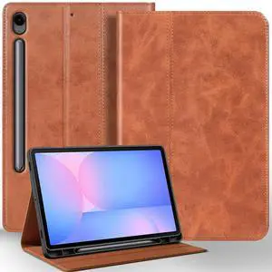 NANRUIL for Samsung Galaxy Tab S10 FE Plus+ 13.1 inch Case with S Pen Holder 2025(Model:SM-X620/X626) Genuine Leather Cover Protective Shell,Brown