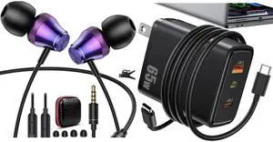 3.5mm Earbuds Wired Earphone for Moto G USB C Laptop Charger 65W Fast Charging 3-Port for Lightning USB-C USB-A Power Adapter for Lenovo for HP Chromebook for iPhone 16 Samsung Z Back to School