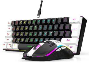 60% Wired RGB Gaming Keyboard and Mouse Combo, 14 Mode of Backlight, 6400 DPI Gaming Mouse, Mini Keyboard with Membrane Switch Comfort Use Budget Typing for PC Computer Laptop (Black-White)