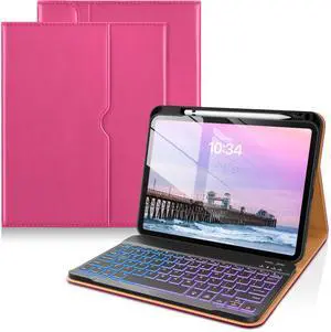 DTTO for iPad 11th (A16)/ 10th Generation Case with Keyboard (2025/2022), 7 Colors Backlit Wireless Detachable Keyboard Leather Folio Cover with Pencil Holder & Pocket, Rose Red
