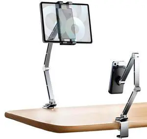 Pisipi Tablet Stand Holder for Desk Aluminum Alloy Ipad Desk Mount Monitor with 360°Rotate Base, Adjustable&Foldable Tablet Arm for 4.7"-15.6" Screen Phone,Kindle,Fire HD,Monitor