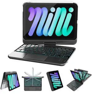 RAYMCRAFT for iPad mini 7 (A17 Pro, 2024) & Mini 6 (2021) Case with Keyboard, 7 Colors Backlit Keyboard with Trackpad, Auto Sleep/Wake, 360° Rotatable Case for iPad mini 7th 6th Gen 8.3", Black