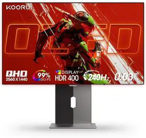 KOORUI 27 inch QD-OLED Gaming Monitor, 240Hz Monitor, 0.03ms, QHD 1440p AdaptiveSync, 99% DCI-P3, HDR True Black 400, Height/Pivot/Tilt/Swivel Adjustability, HDMI & DisplayPort VESA, Black, S2721XO