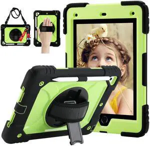 for iPad 6th Generation/iPad 5th Gen/iPad Air 2/iPad Pro 9.7" Case with Cute Key Chain, Rugged Protective Case with Rotating Stand & Shoulder Hand Strap for iPad 6th/5th/ Air 2 (Black+Yellow)