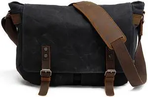 HuaChen Men's Messenger Bag 15.6 Inch Laptop Computer Briefcase, Water-Resistant Waxed Canvas & Genuine Leather Vintage Satchel, Shoulder Crossbody for Business College Commute - M49 Black