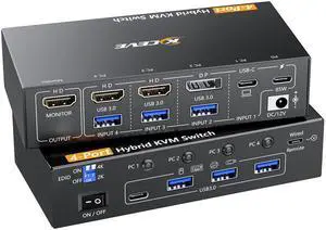 4 Ports Hybrid KVM Switch(USBC+DP+2HDMI Input),USB C HDMI DP 4 Computer 1 Monitors KVM Switch Allow 4 PC Share 1 Monitors and 4 USB Devices Such as Keyboard Mouse Printer