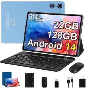 UJJ 2025 Android 14 Tablet 22GB RAM 128GB ROM 1TB Expand, 10 inch Tablets with Keyboard Mouse, Octa-Core, 8000mAh Battery, HD IPS Display, 5G WiFi, BT 5.0, GPS, Widevine L1, Split Screen - Metal Blue