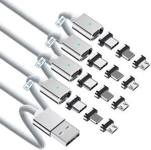 ZBF Magnetic Charging Cable 3A Fast Charging (4-Pack, 3.3/3.3/6.6/6.6 ft) 3 in 1 Magnetic Phone Charger, 480Mbps Data Transfer, USB A to Type C Charger Cable USB-C/Iproduct Micro USB Device - Silver