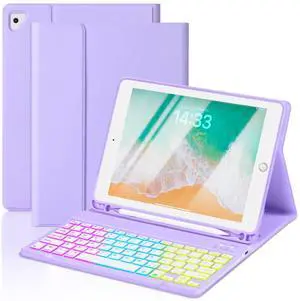 EAMPANG Case with Keyboard for iPad 6th/5th Generation Air 1 2 Pro 9.7inch,7 Color Rainbow Backlight Detachable USB-C Keyboard Magnetic Case with Pen Slot for iPad 2018 2017 Purple