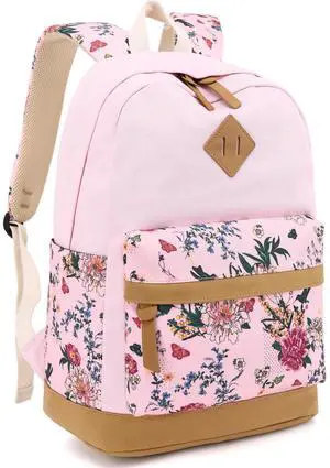 Leaper Girls Cute Backpack for School Laptop Backpack Canvas Travel Backpack for Women Kids Backpack College Kawaii Bookbag School Bags Floral Pink