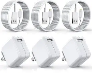 [3 Pack] iPad Charger, iPhone Charger MFi Certified Long Lightning Cable 10 Foot Lightning Charging Cord with 12W Wall Foldable Block Portable Travel Plug Charging for iPad/iPadMini/iPadAir, iPhone