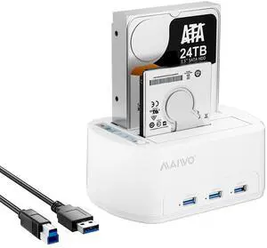 MAIWO Dual Bay Hard Drive Docking Station with Offline Clone for 2.5 3.5 Inch SATA HDD SSD, 3X USB 3.0 Hub Extension, 48TB Capacity, External Hard Drive Duplicator Cloner, White