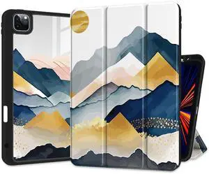 Yebiseven Case for iPad 10.2 inch 9th/8th/7th Generation, Smart Tablet Case for iPad 10.2" 2021/2020/2019, Hard Clear Acrylic Back Shell with Pencil Holder + Auto Wake/Sleep, Oriental Mountain