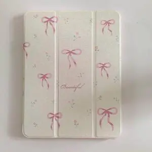 Adjustable Kickstand Mirror Leather Hard Folio Case for Apple Cream White Color Pink Bow Ribbon Beautiful Floral Cute Chic Adorable Lovely Girls Kids (for iPad Pro 12.9-inch 6th Generation 2022)