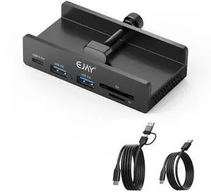 EJAY 5Ports USB3.0 HUB Alu Splitter Desktop Docking with Card Reader for Desk/Monitor Clipping with Extra Power Supply Port,59inches Data & 39inches Power Cable-5Gbps(BJ-2A1CTS-BK)