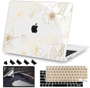 Teryeefi Compatible with 2018 2019 2020 MacBook Air 13 inch Case M1 Chip A2337 A2179 A1932 Retina Display Touch ID, Plastic Hard Shell & Keyboard Cover & Screen Protector,Gold Floral Leaf