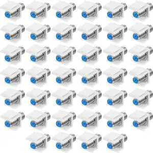 Weewooday 40 Pcs F-Type RG6 Coaxial Cable Connectors, Trapezoidal Keystone Jack Inserts - Blue Inner Core Female to Female Connector, Screw-Type Audio Speaker Trapezoid for Wall Plate (Silver)