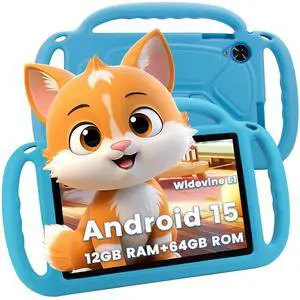 Azeyou Kids Tablet 10 Inch Android 15 Tablets for Kids, 12GB RAM 64GB ROM (1TB Expandable) with Case, 6000mAh Battery, Quad-Core Processor, Parental Control, Dual Camera, WiFi HD Screen, Blue