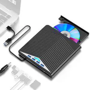 LINKEET 7-in-1 External CD/DVD Drive for Laptop, USB 3.0 & USB-C Portable CD/DVD Player +/-RW Burner Reader Rewriter with SD/Micro SD Card Reader & 4-Port USB Hub for Windows/Mac/Linux/PC/MacBook