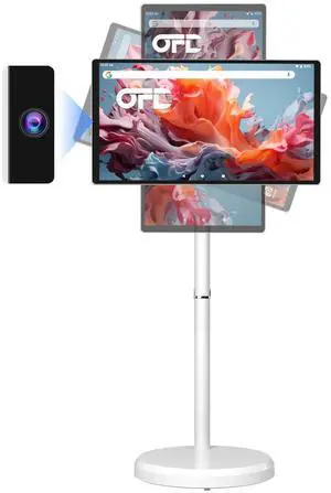 OFD 22 inch Smart Portable TV on Wheels,100%sRGB,1080P,6GB RAM+128GB Storage,Android 13 OS,Built in 8MP Webcam,6000 mAh Battery,Rolling TV Touchscreen Monitor 4-6H Play Time,Full Swivel Rotation,White
